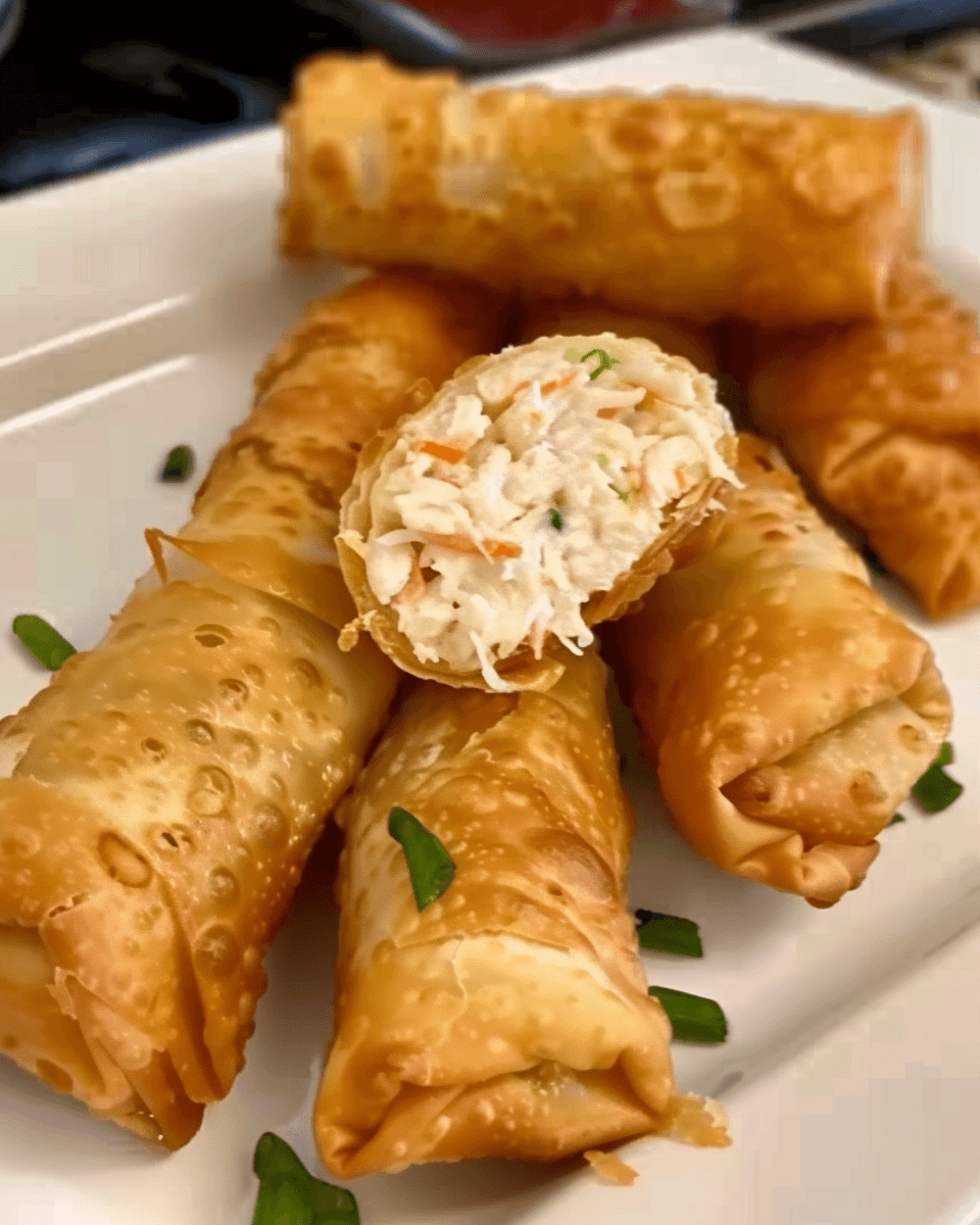 Crispy golden egg rolls filled with creamy crab mixture, with one roll cut open to reveal the shredded crab and vegetable filling.
