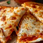 Close-up of folded cheesy tortilla pizza slices with golden melted mozzarella and a side of marinara dipping sauce.