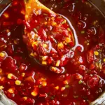Overhead view of a saucepan filled with homemade sweet chili sauce, featuring chopped red chilies, garlic, and green herbs stirred with a wooden spoon.