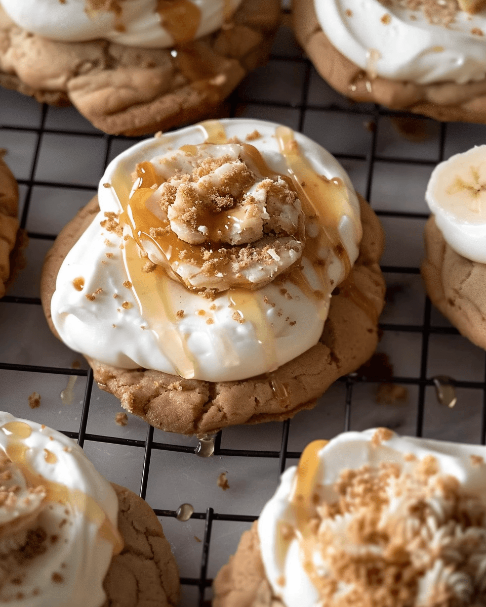Close-up of a banoffee pie cookie topped with whipped cream, banana slices, caramel drizzle, and cookie crumbles, cooling on a wire rack.