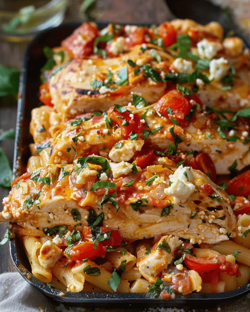 Baked Mediterranean chicken breasts served over penne pasta with diced tomatoes, crumbled feta, fresh parsley, and a light tomato-based sauce.