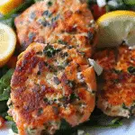 Pan-seared Mediterranean salmon patties on a bed of spinach with lemon slices and crumbled feta.