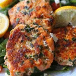 Pan-seared Mediterranean salmon patties on a bed of spinach with lemon slices and crumbled feta.