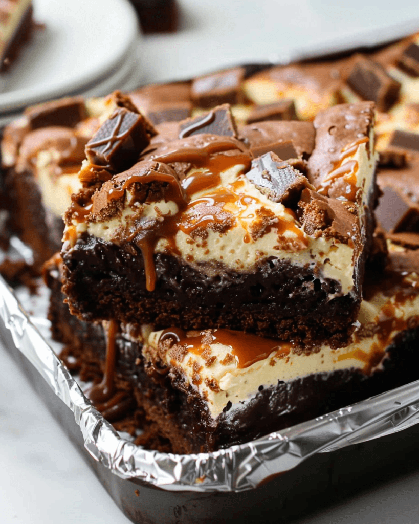 Close-up of rich, fudgy cheesecake brownies topped with gooey caramel drizzle and chopped Milky Way chocolate pieces, stacked in a foil-lined pan.