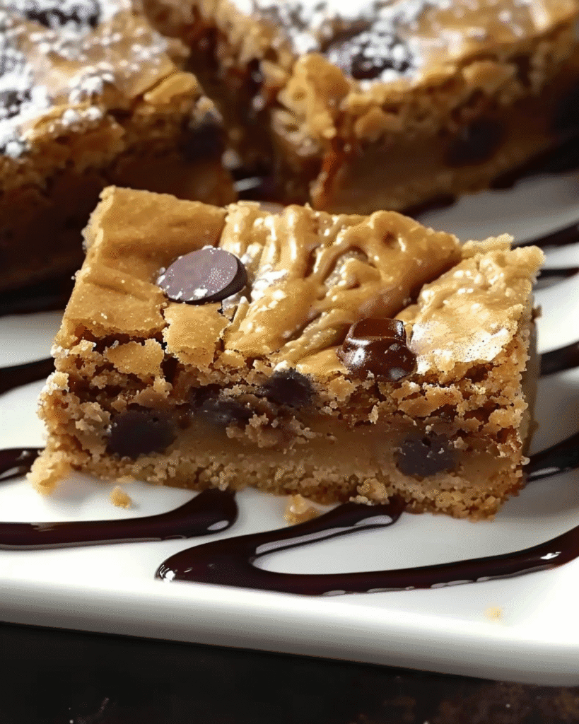 Thick peanut butter blondie with chocolate chips, served on a white plate drizzled with chocolate sauce.