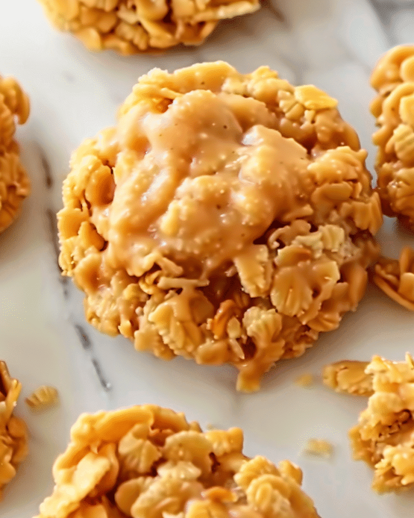 Close-up of a no-bake cookie made with oats and cornflakes coated in a creamy peanut butter mixture, resting on a marble surface.
