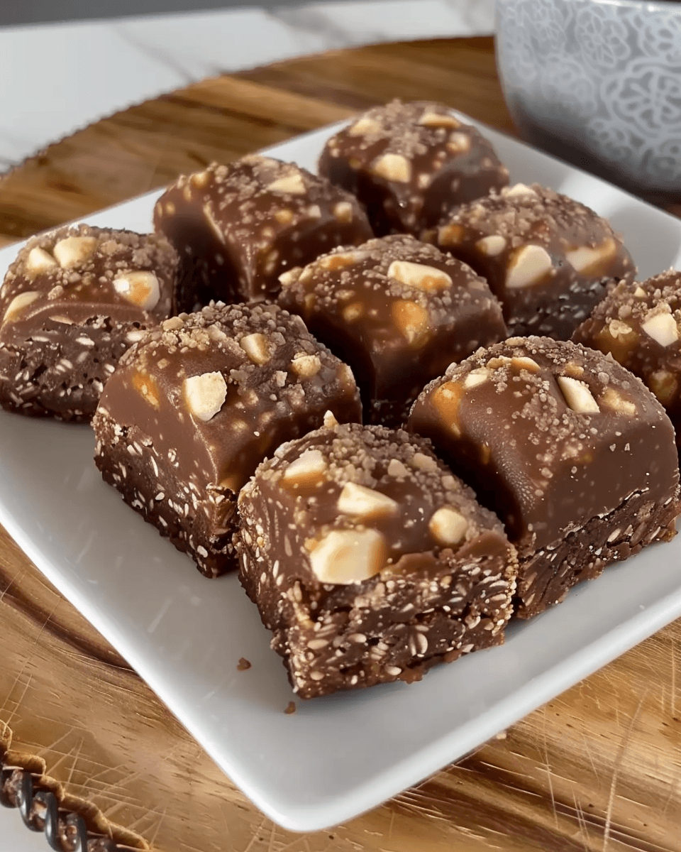 Close-up of square chocolate energy bites topped with chopped nuts and sprinkled with a crumbly topping, served on a white plate atop a wooden board.