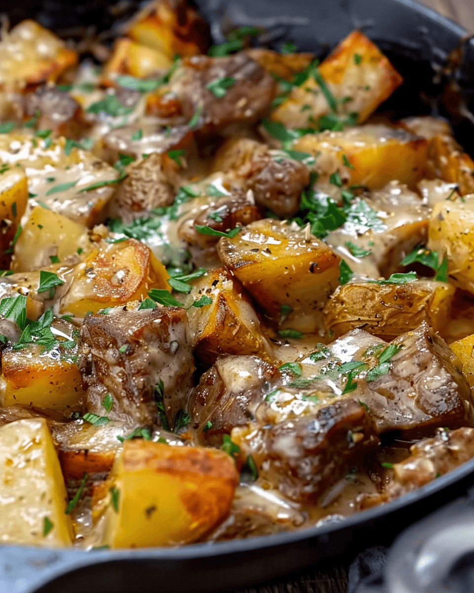 Close-up of a creamy one-skillet dish with golden-brown potatoes, juicy beef chunks, and melted cheese, garnished with fresh chopped herbs.