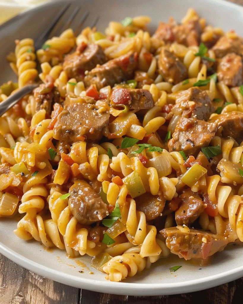 A close-up plate of Cajun rotini pasta with sausage, bell peppers, onions, tomatoes, and fresh parsley in a spiced tomato-based sauce.