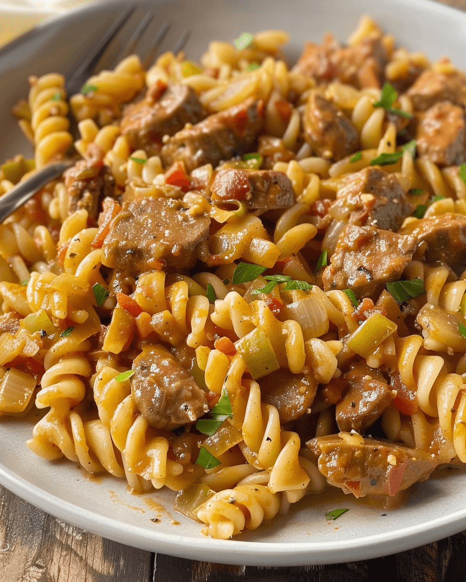 A close-up plate of Cajun rotini pasta with sausage, bell peppers, onions, tomatoes, and fresh parsley in a spiced tomato-based sauce.