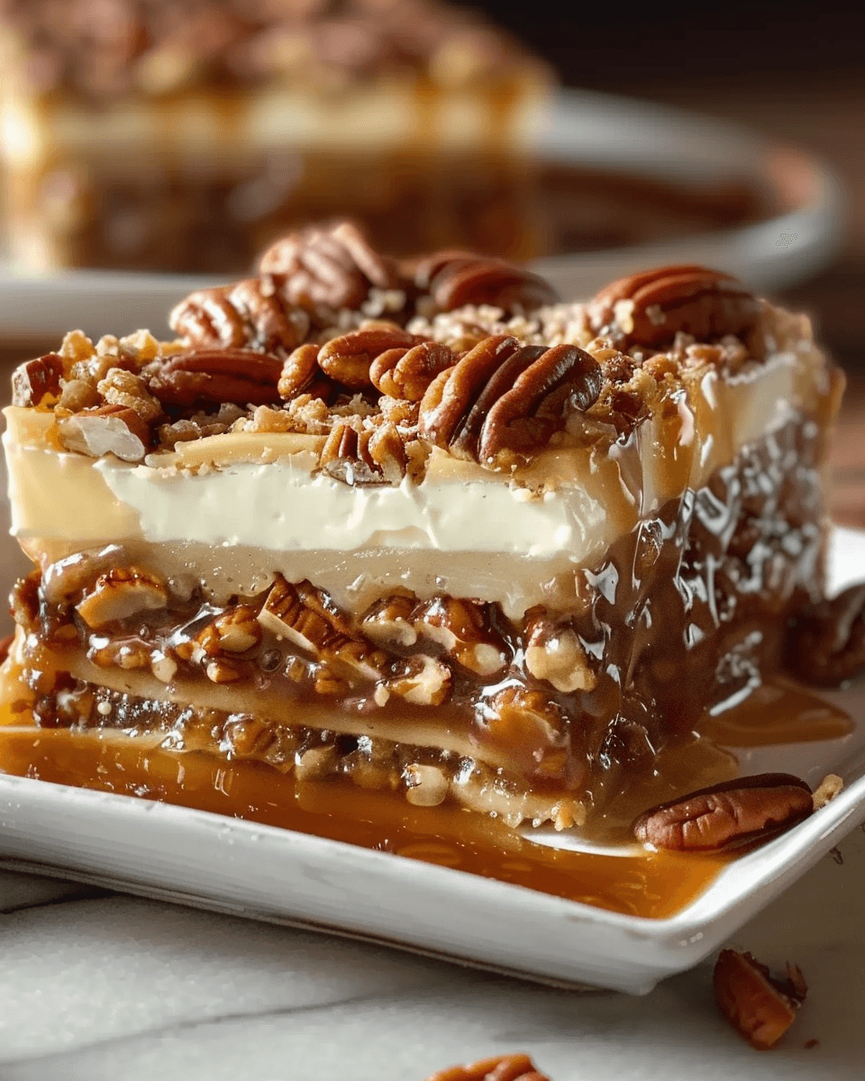 A slice of pecan pie lasagna featuring layers of caramel, crunchy pecans, and creamy cheesecake filling, served on a white plate with caramel sauce.