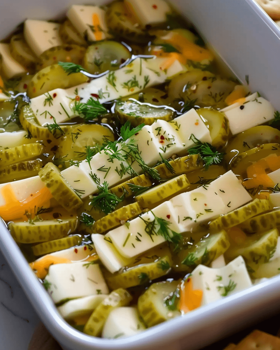 Slices of colby jack and white cheese marinated with dill pickle rounds, fresh dill, red pepper flakes, and brine in a white dish.