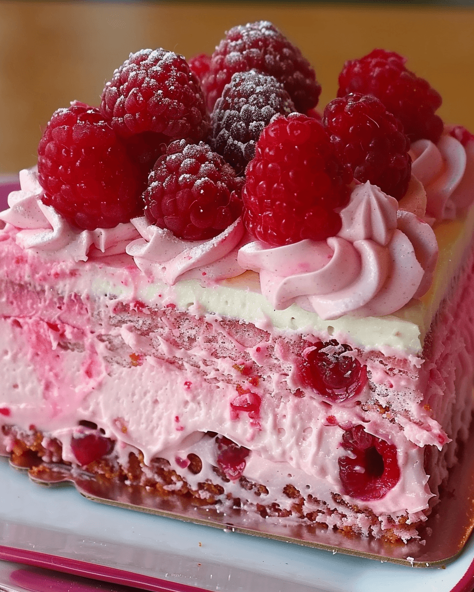 Square slice of pink raspberry cream cake topped with fresh raspberries, pink frosting swirls, and a crunchy cookie-like base.
