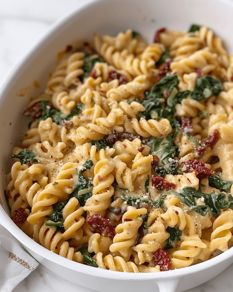 Creamy rotini pasta with sun-dried tomatoes and wilted spinach in a white baking dish.