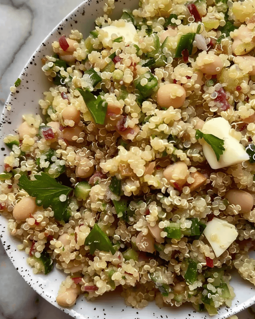 A bowl of quinoa salad mixed with cannellini beans, chopped parsley, red onion, cucumber, and small cubes of cheese.