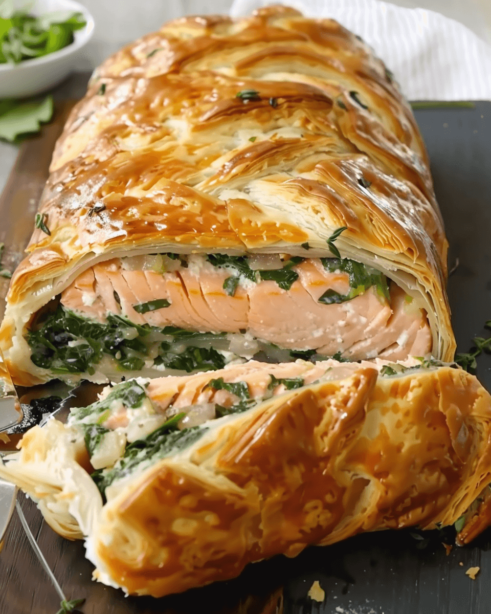 Baked salmon Wellington wrapped in golden puff pastry, sliced to show layers of pink salmon, sautéed greens, and creamy filling.