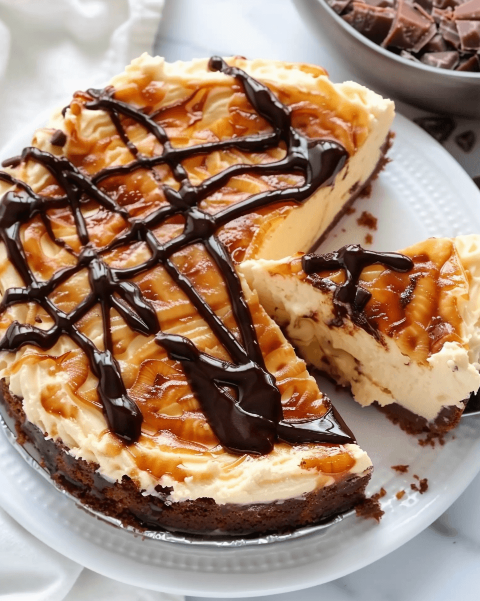 Whole cheesecake with a chocolate crust, topped with swirls of caramel and thick drizzles of dark chocolate, with one slice being served.