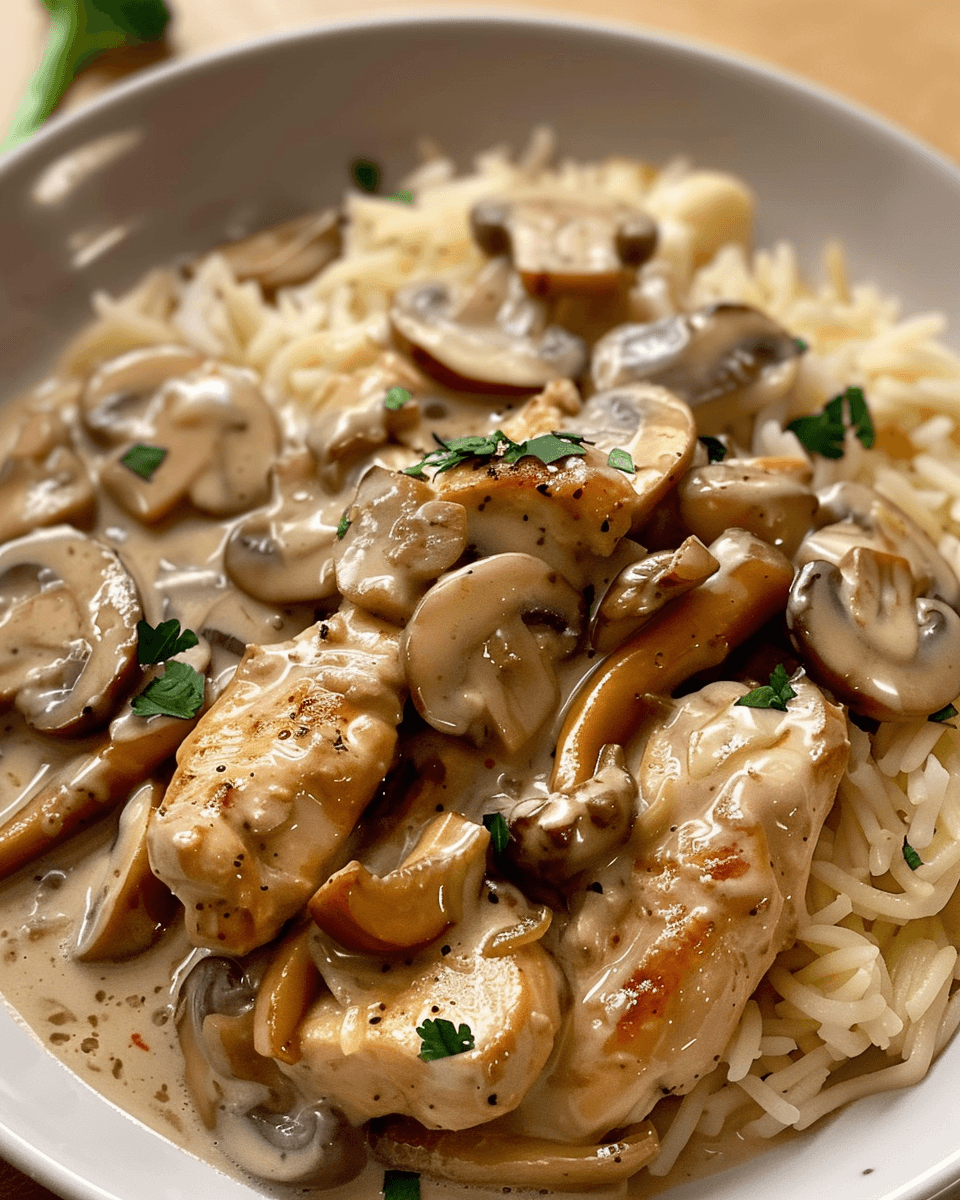 Creamy chicken and mushroom sauce served over a bed of pasta, garnished with fresh parsley.
