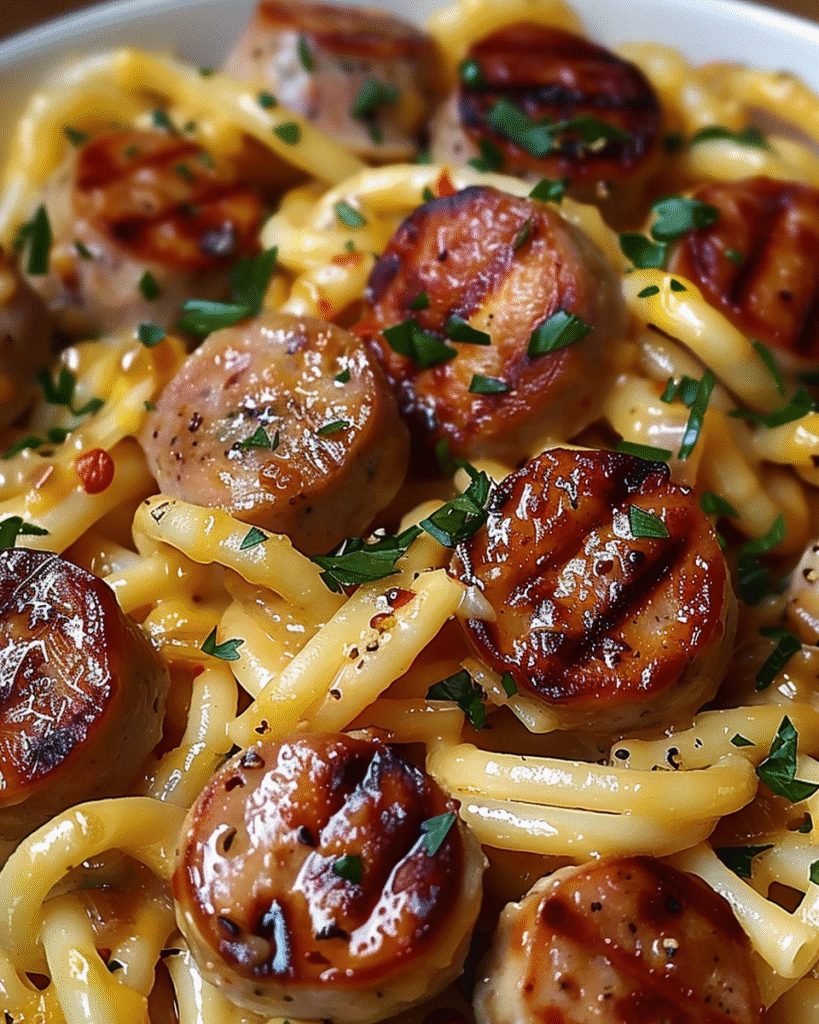 Close-up of creamy pasta with grilled slices of beef sausage, coated in a rich sauce and garnished with chopped fresh herbs.