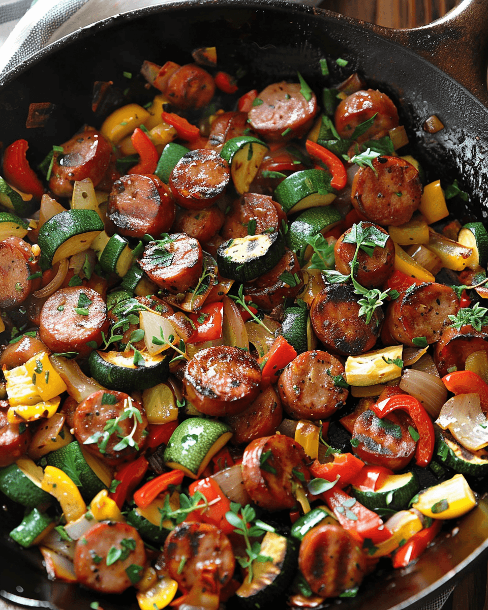 Sliced smoked sausage sautéed with zucchini, red and yellow bell peppers, onions, and fresh herbs in a cast iron skillet.