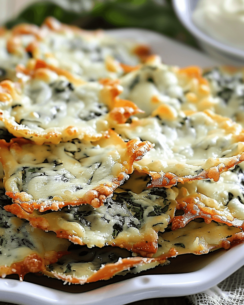 A stack of golden-baked spinach dip cheese crisps with bubbly, melted cheese and crispy edges, served on a white scalloped plate.