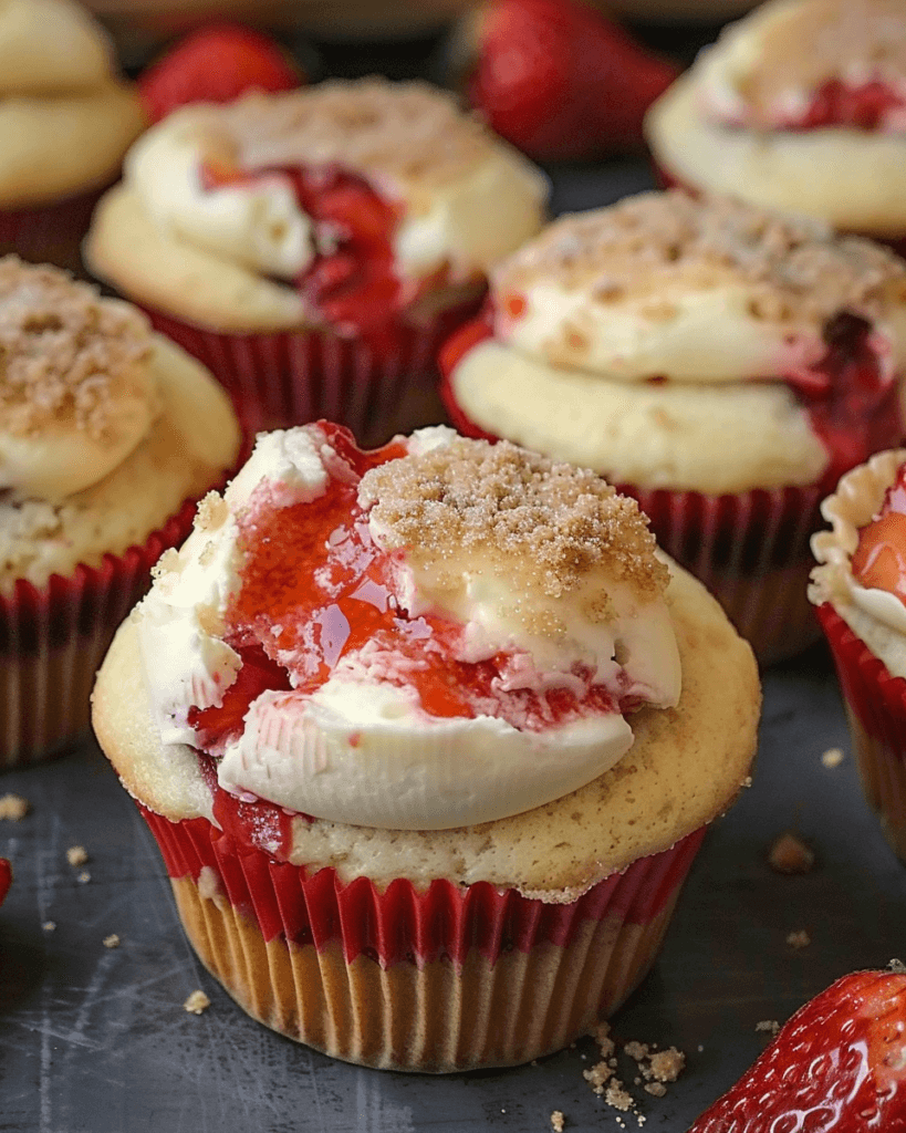 Close-up of strawberry cheesecake muffins in red liners, topped with a swirl of creamy cheesecake, strawberry compote, and a sprinkle of cinnamon-sugar streusel.