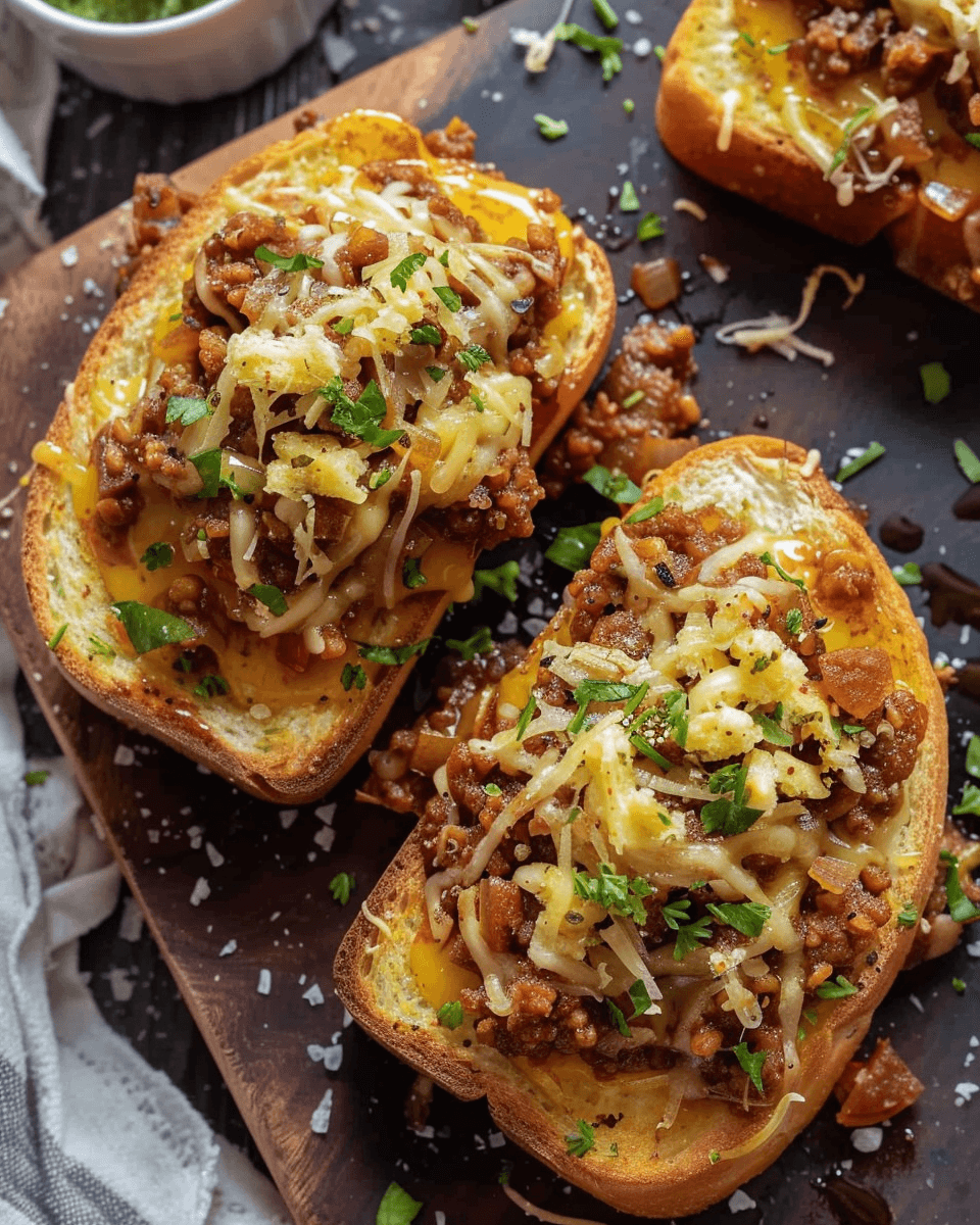 Toasted slices of buttery bread topped with a seasoned ground beef mixture, shredded cheese, and garnished with fresh parsley on a dark wooden board.