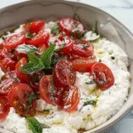 A bowl of whipped cottage cheese topped with marinated cherry tomatoes, fresh basil, olive oil, and black pepper.