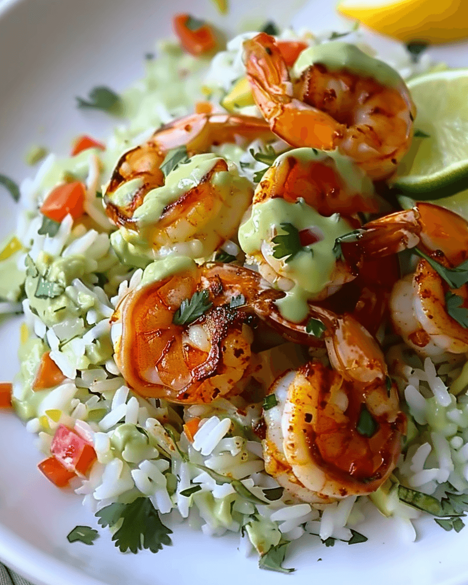 Grilled shrimp on a bed of cilantro lime rice mixed with diced bell peppers, drizzled with creamy green sauce and garnished with lime and cilantro.