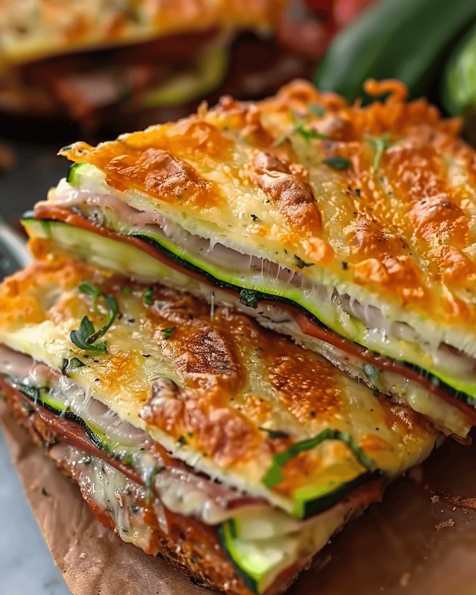 Close-up of a stacked zucchini bread sandwich filled with layers of melted cheese, ham, and zucchini slices, topped with golden, bubbly cheese.