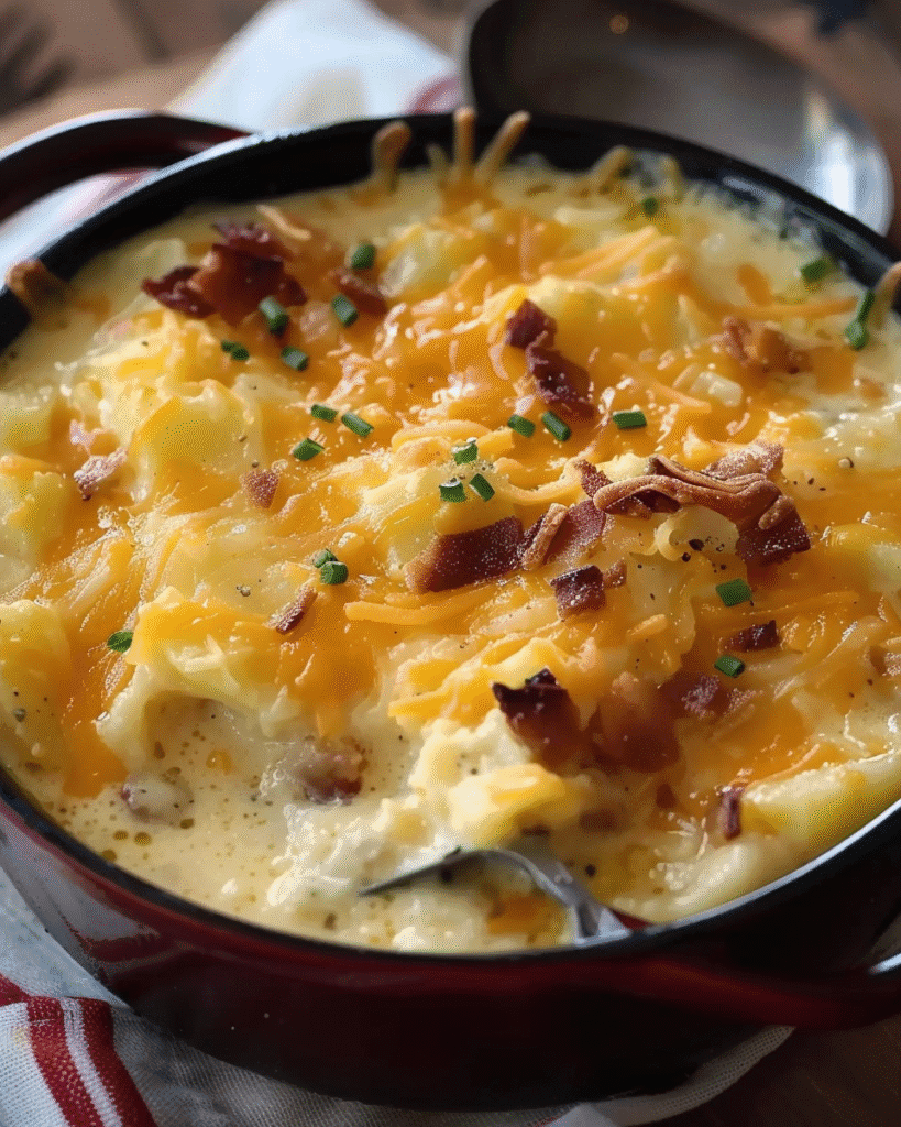 Bowl of creamy cheddar potato soup topped with melted cheese, bacon bits, and chives.