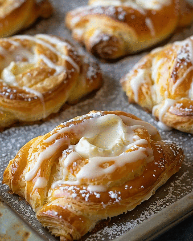 Golden-brown cream cheese danishes with flaky pastry layers, drizzled with icing and dusted with powdered sugar, displayed on a baking tray.