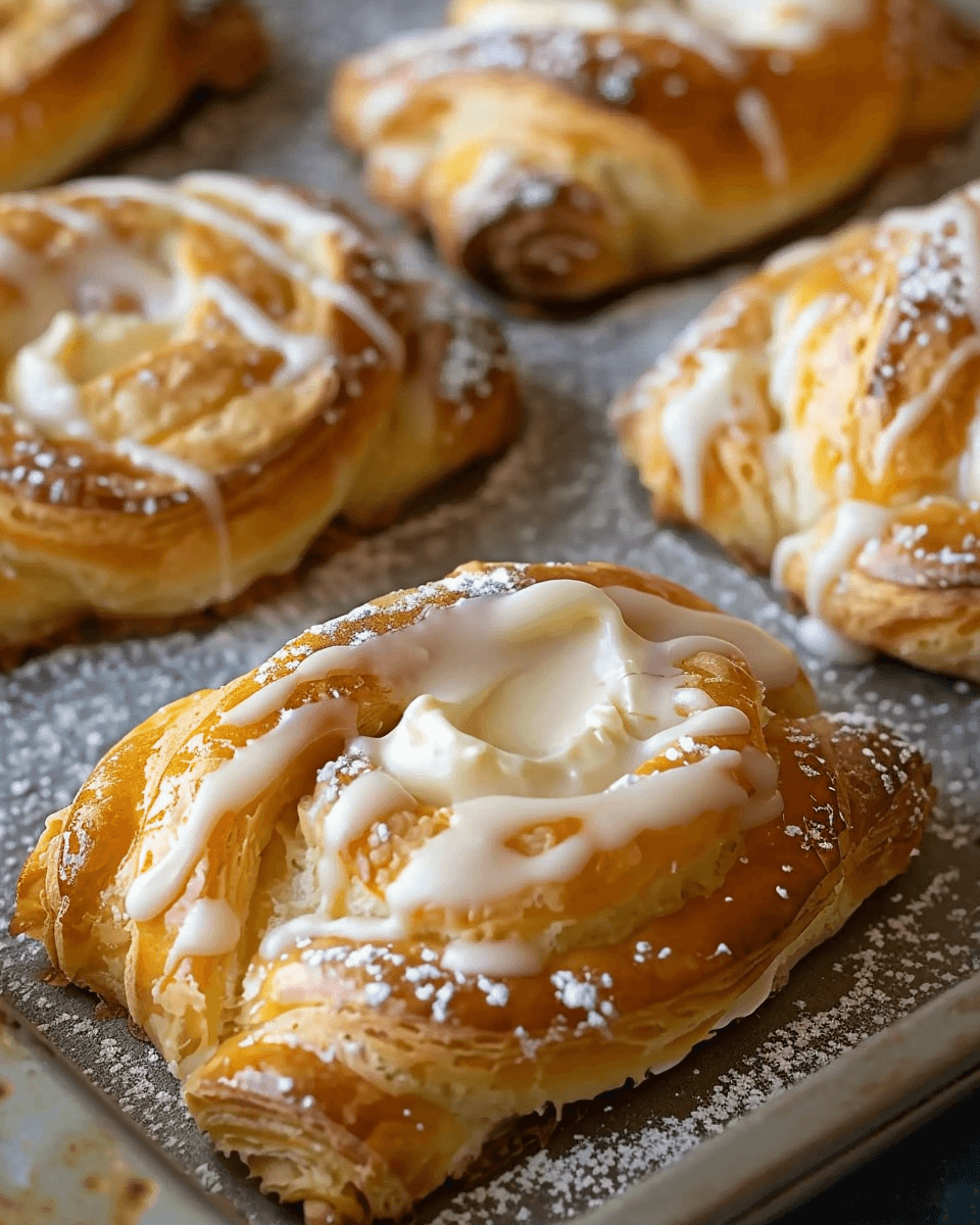 Golden-brown cream cheese danishes with flaky pastry layers, drizzled with icing and dusted with powdered sugar, displayed on a baking tray.