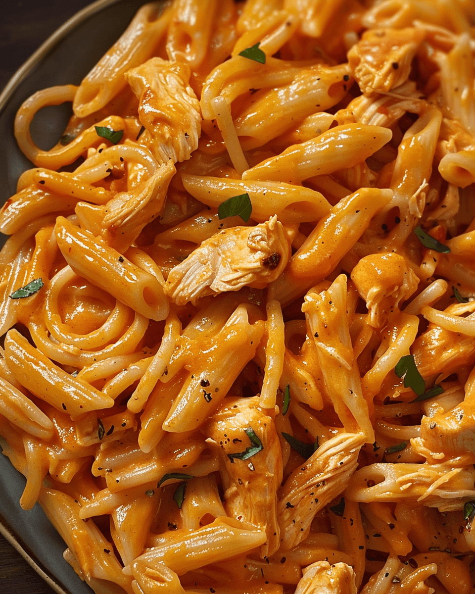 Close-up of spicy buffalo chicken pasta with mixed pasta shapes, shredded chicken, and a creamy orange buffalo sauce, garnished with black pepper and herbs.