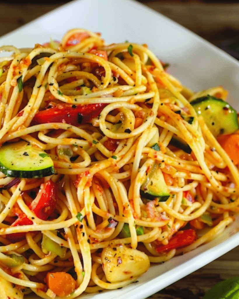 A vibrant bowl of spaghetti salad mixed with colorful vegetables like zucchini, carrots, bell peppers, and tomatoes, coated in a zesty vinaigrette.