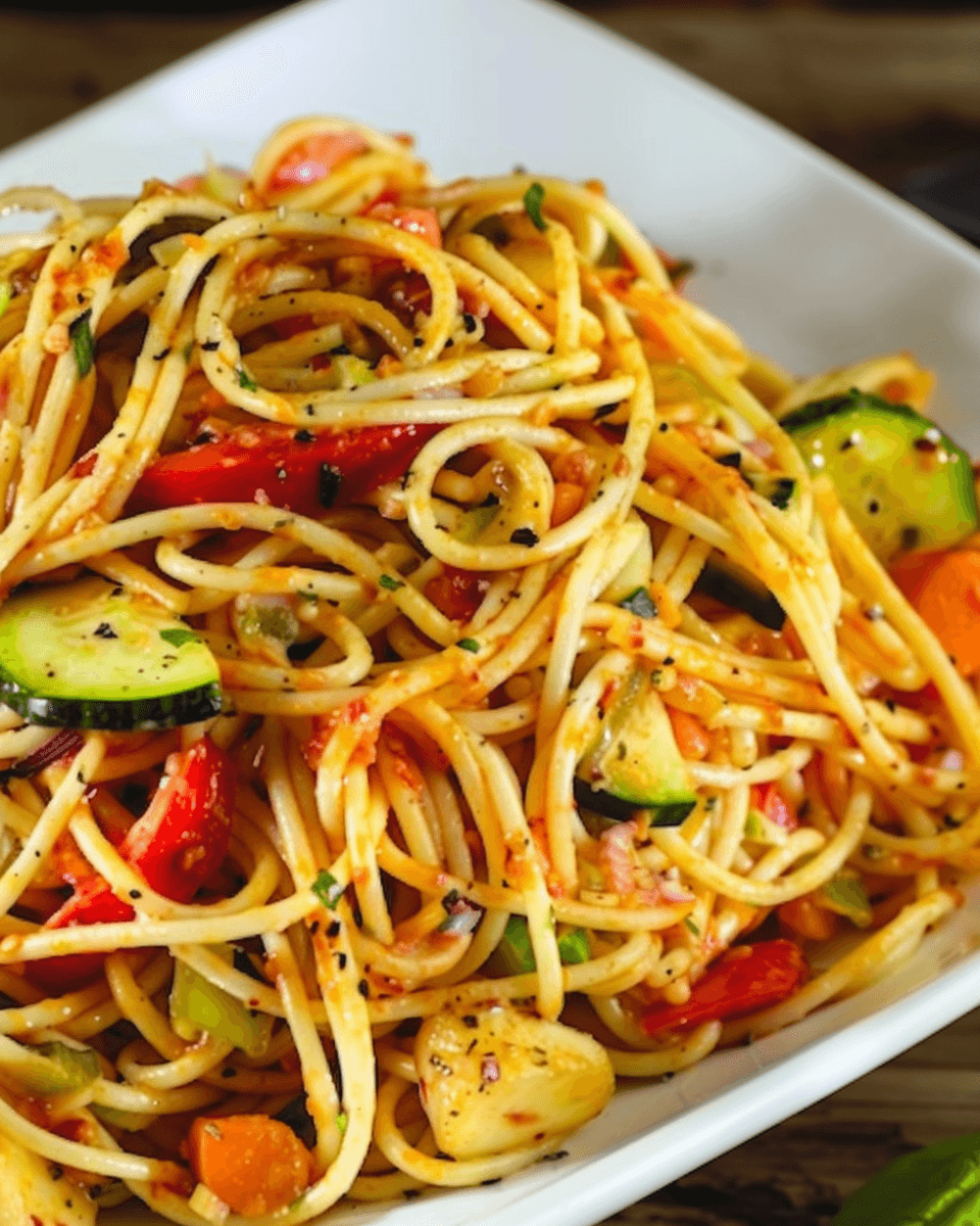 A vibrant bowl of spaghetti salad mixed with colorful vegetables like zucchini, carrots, bell peppers, and tomatoes, coated in a zesty vinaigrette.