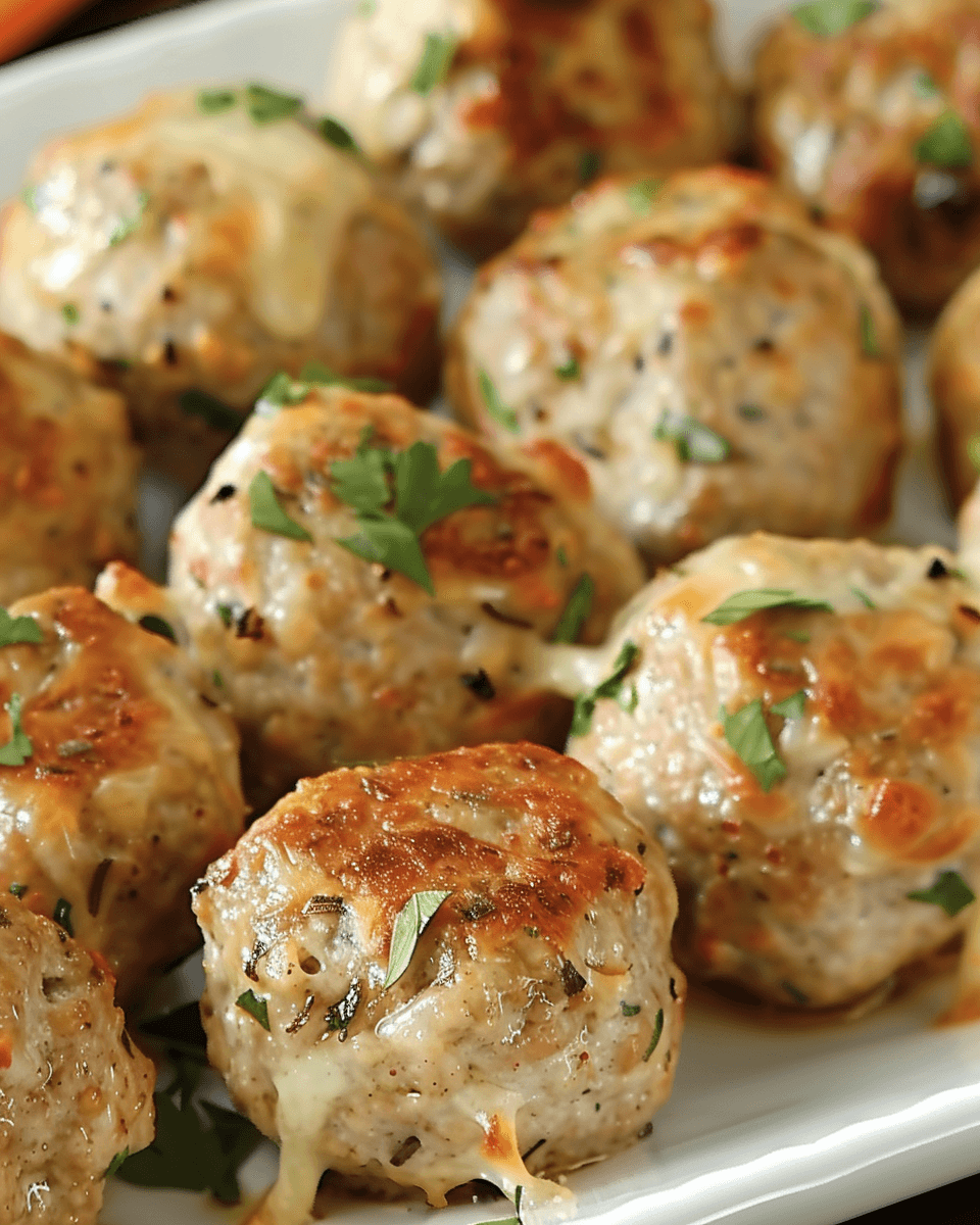 Plate of golden-brown baked turkey meatballs topped with melted cheese and garnished with fresh parsley.