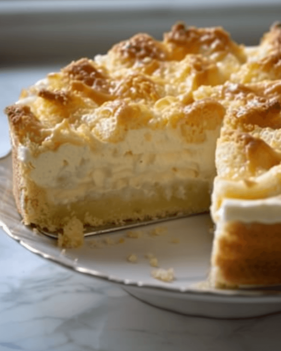 A close-up of a sliced lemon cheesecake dump cake with a golden, fluffy topping and creamy layered filling on a white serving plate.