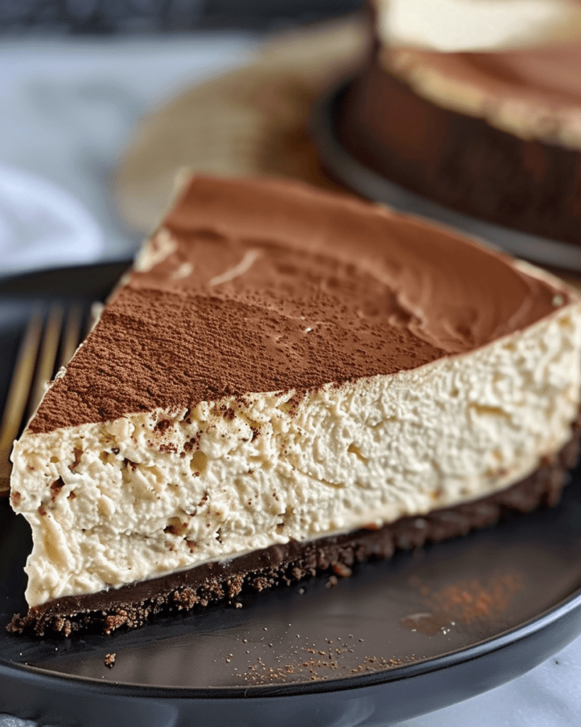 A rich slice of no-bake cheesecake with a thick, airy vanilla filling, chocolate bourbon biscuit crust, and a dusting of cocoa powder on top.