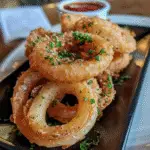 A stack of golden, crispy onion rings garnished with chopped parsley, served on a black rectangular plate with a side of dipping sauce.
