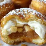 Close-up of an apple pie crescent muffin with a bite taken out, revealing a filling of caramelized apples and creamy vanilla custard, topped with powdered sugar.