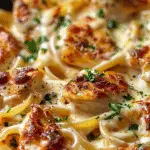 Creamy Alfredo pasta topped with BBQ cheddar ranch chicken and fresh parsley.