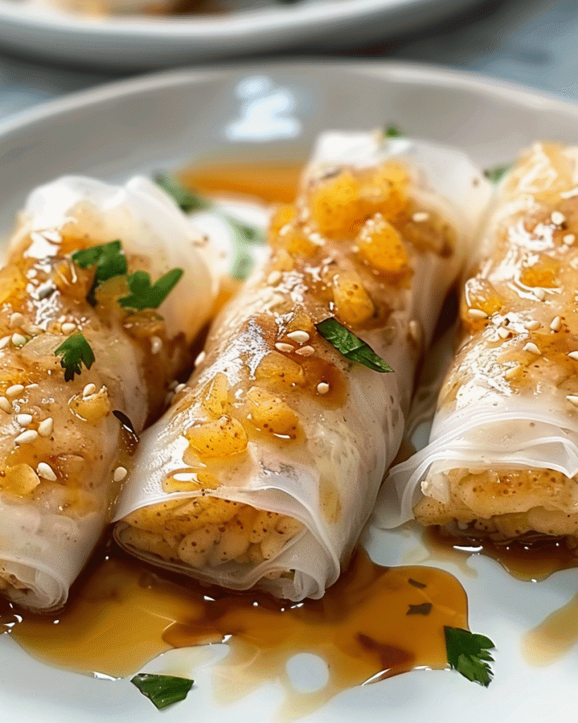 Three translucent rice paper rolls filled with diced spiced apples, topped with sesame seeds, fresh herbs, and a drizzle of caramel sauce on a white plate.