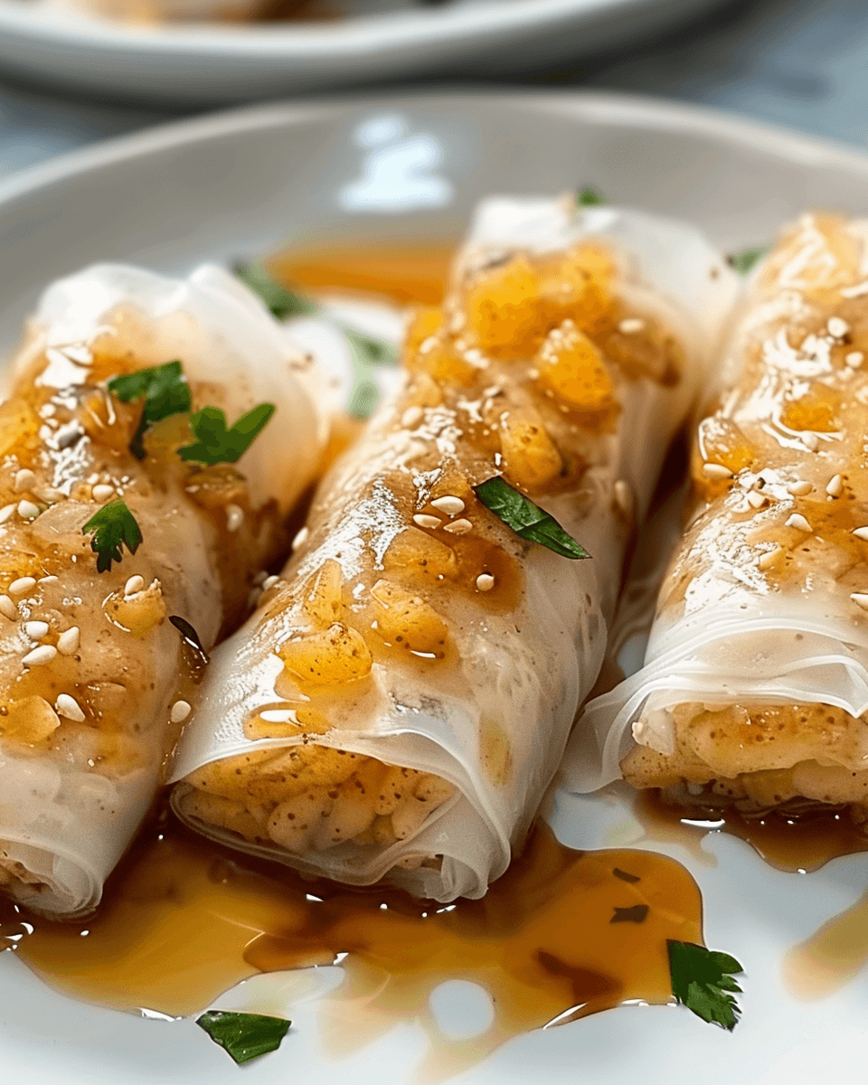 Three translucent rice paper rolls filled with diced spiced apples, topped with sesame seeds, fresh herbs, and a drizzle of caramel sauce on a white plate.