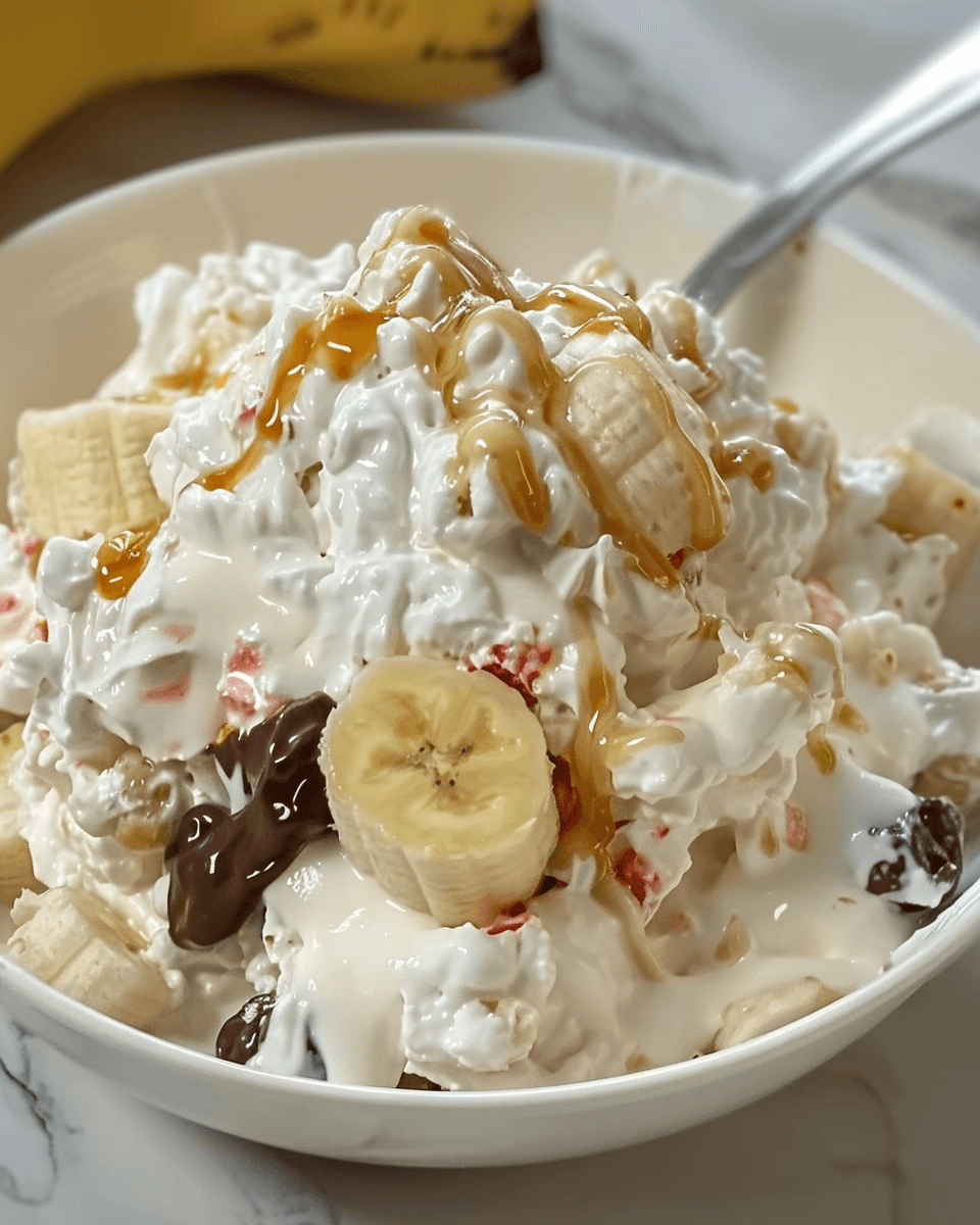 Bowl of banana split fluff salad with whipped topping, banana slices, chocolate pieces, cherries, and caramel drizzle.