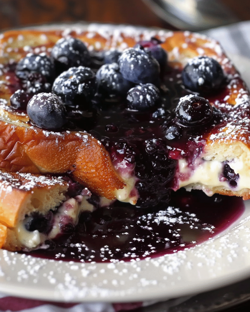 Thick slices of golden French toast stuffed with blueberry cream cheese filling, topped with fresh blueberries, blueberry sauce, and powdered sugar.