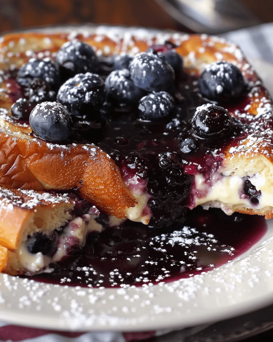 Thick slices of golden French toast stuffed with blueberry cream cheese filling, topped with fresh blueberries, blueberry sauce, and powdered sugar.