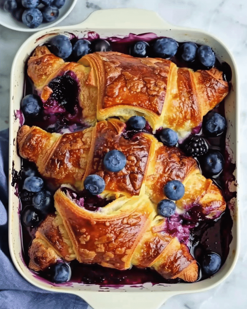 Baked croissants in a casserole dish surrounded by fresh and cooked blueberries, soaked in a rich custard mixture.