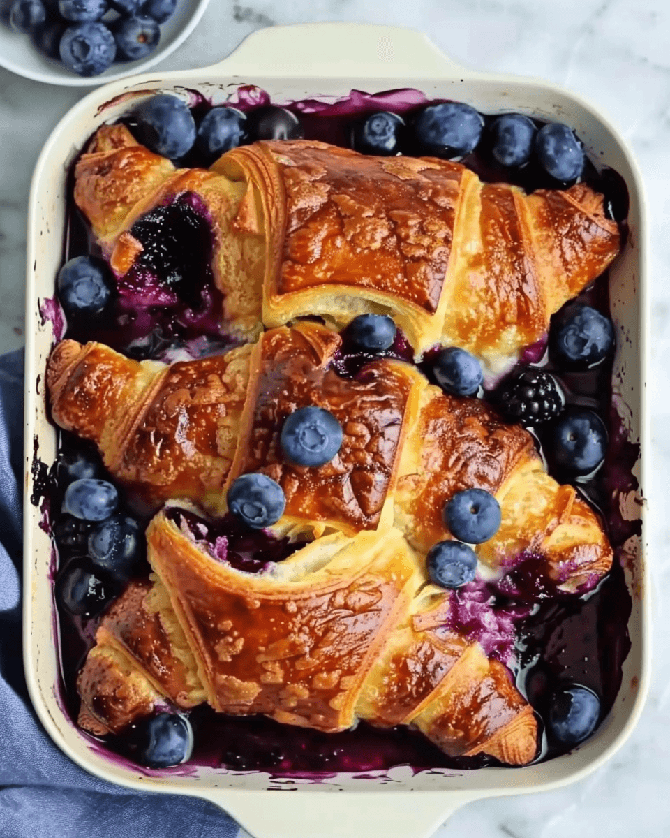 Baked croissants in a casserole dish surrounded by fresh and cooked blueberries, soaked in a rich custard mixture.