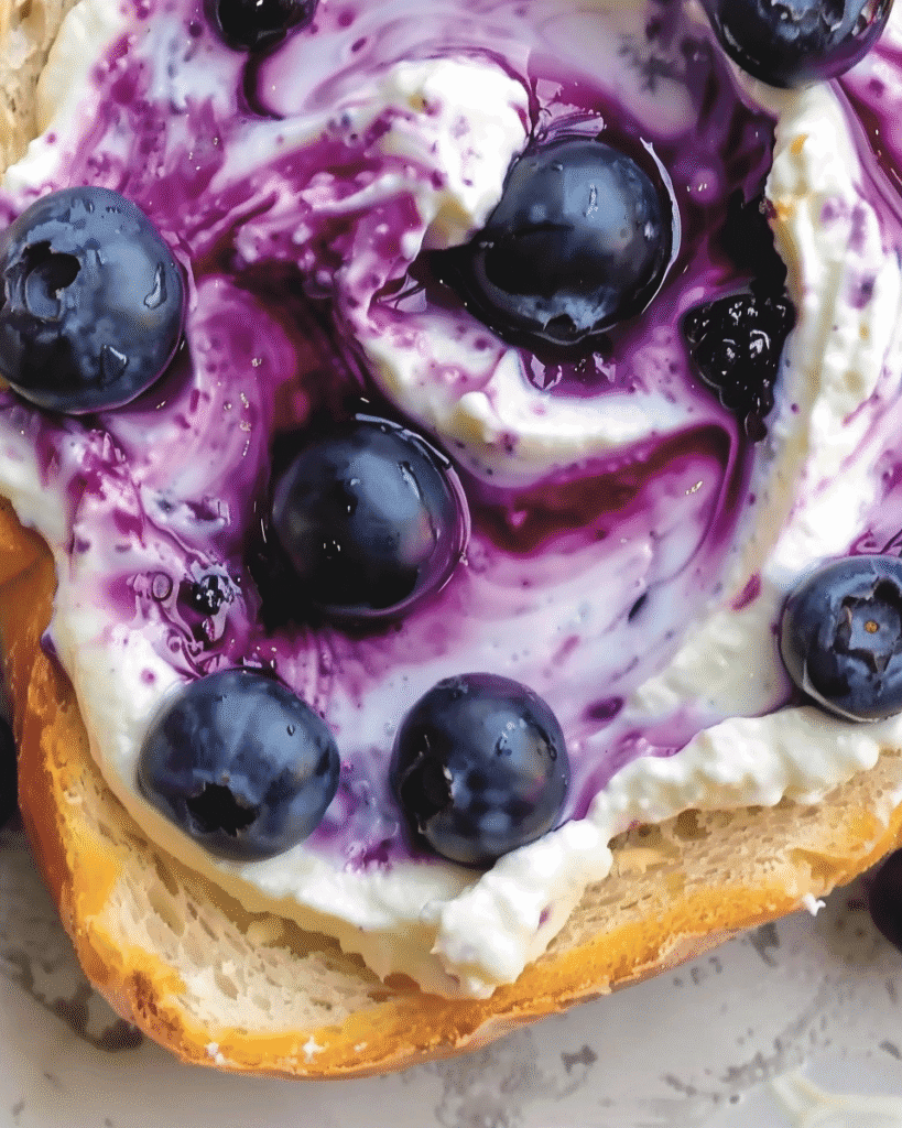 Close-up of a toasted slice of bread topped with whipped goat cheese, fresh blueberries, and a vibrant blueberry swirl.